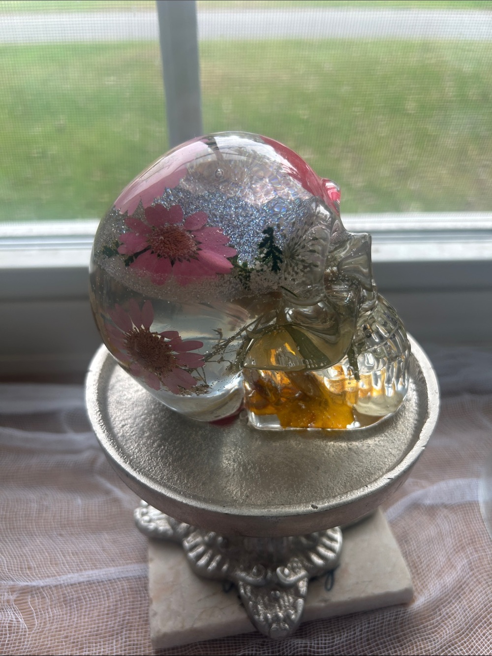 Decorative resin Skull Paperweight with Pink Floral Accent